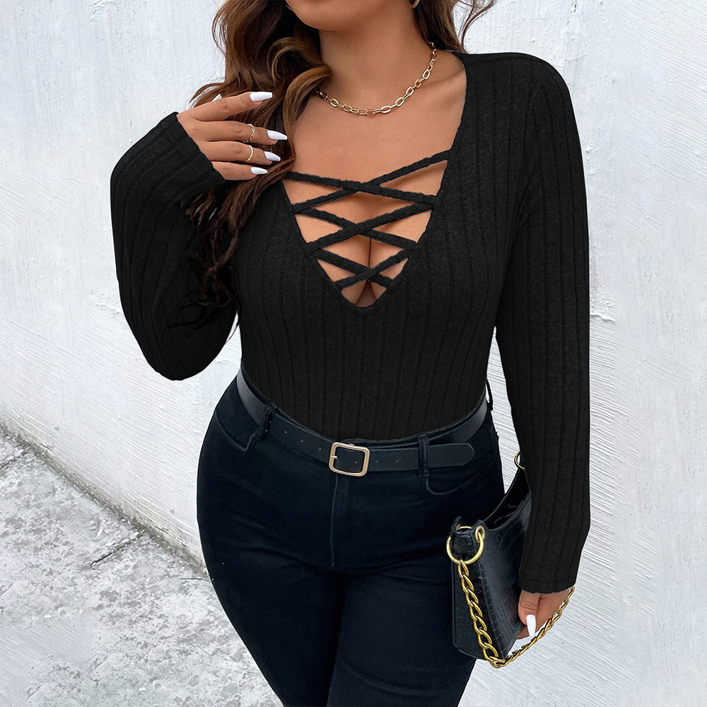 Oversized Womens V-neck Hollowed Out Sexy T-shirt for Autumn and Winter Slim Fit and Slimming with Long Sleeved Solid Color Top Inside