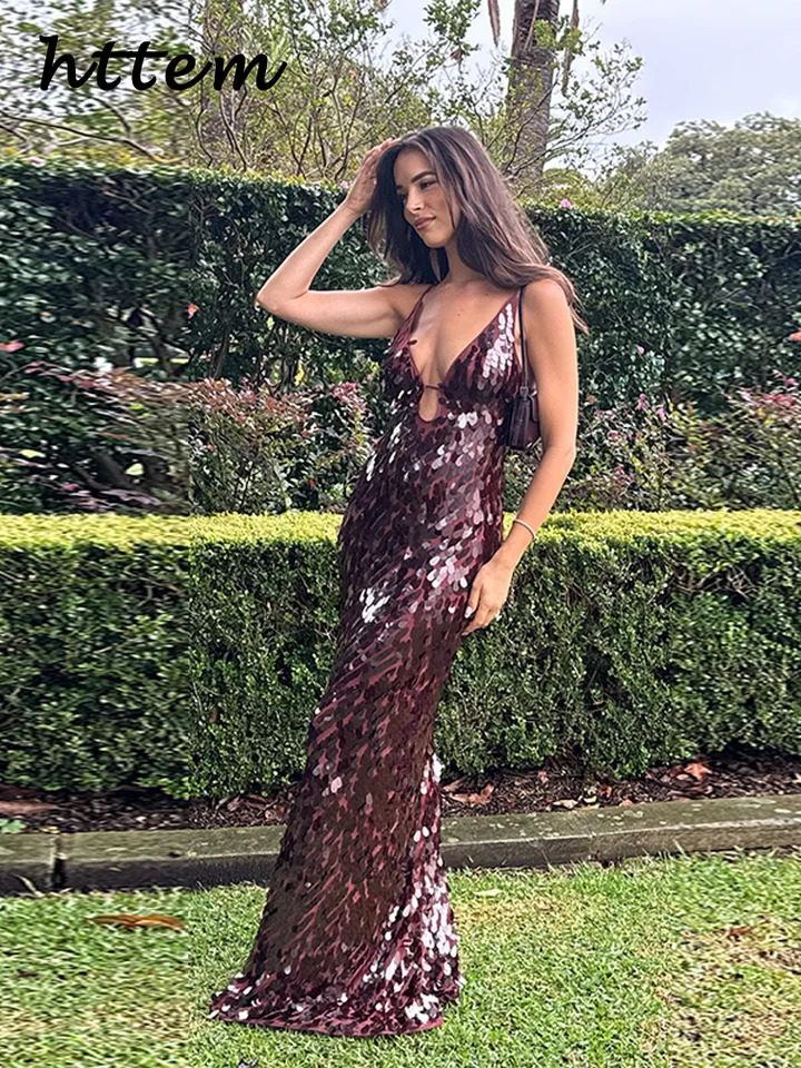 Sexy Hollow Out Sequined Long Party Dress Women V-neck Sleeveless Backless Sling Dresses 2025 Summer Lady Beach Holiday Robes 250515