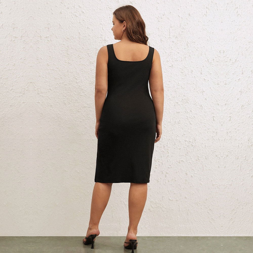 Spring/summer Plus Size New Slim Fit and Slimming Square Neck Sleeveless Slit Hip Hugging Sexy Dress
