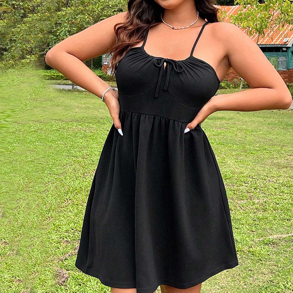 Large Size Womens Sexy Style Camisole Dress Summer New Style Pleated Lace Up A-line Skirt