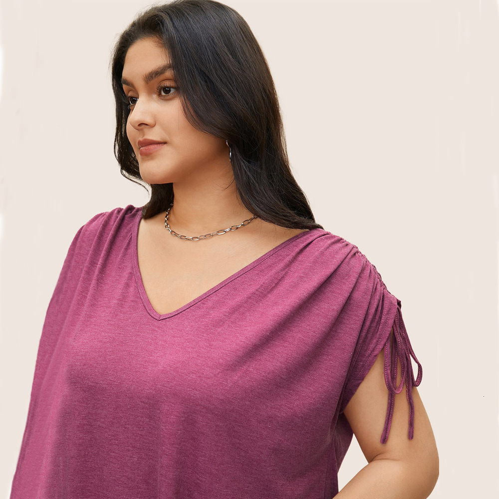 Plus Size Womens New Drawstring Vest V-neck Solid Color Casual Loose Short Sleeved T-shirt Top