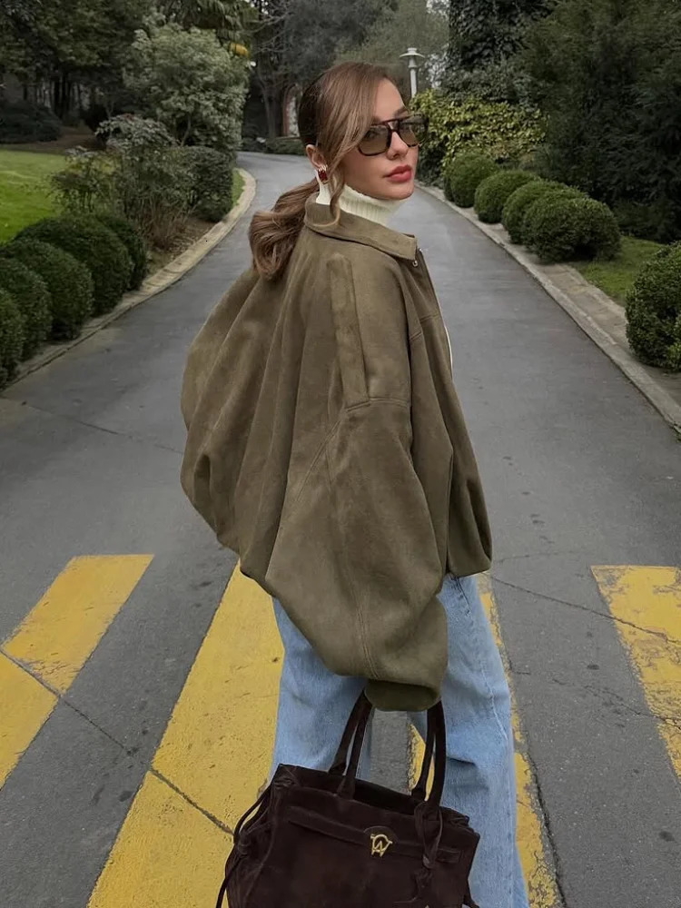 Fashion Women Green Suede Jacket 2025 Spring Lapel Long Sleeve Zipper Oversize Bomber Coat Chic Female High Street Outerwear 250515