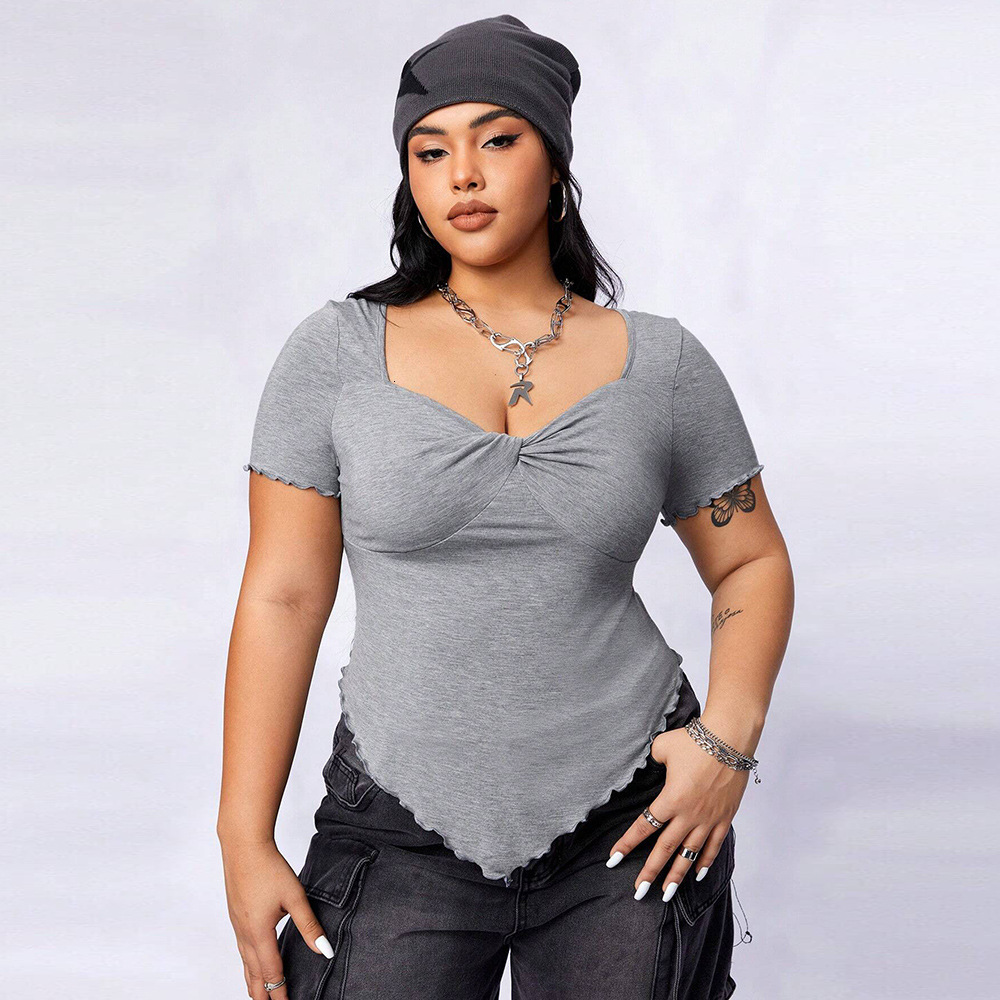 Large Size Womens Square Neck Slim Fit and Slimming Irregular Knitted Short Sleeved T-shirt Top