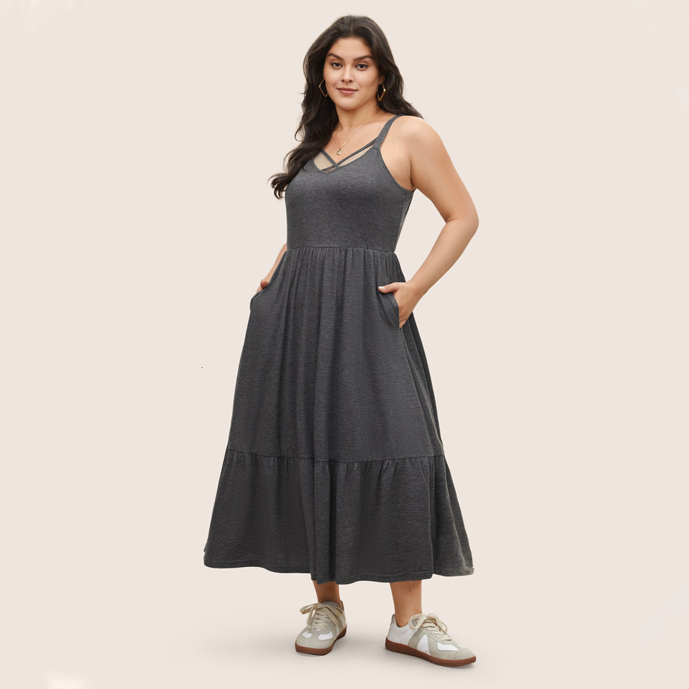 Plus Size Womens Loose Casual Vacation Waist Cinched Pocket Camisole Long Skirt Dress