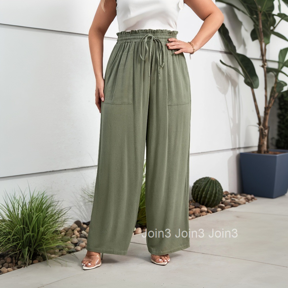 2025 Spring/summer New Large Womens Elegant Style Loose Casual Pants with Strap Elastic Waist Straight Leg Pants