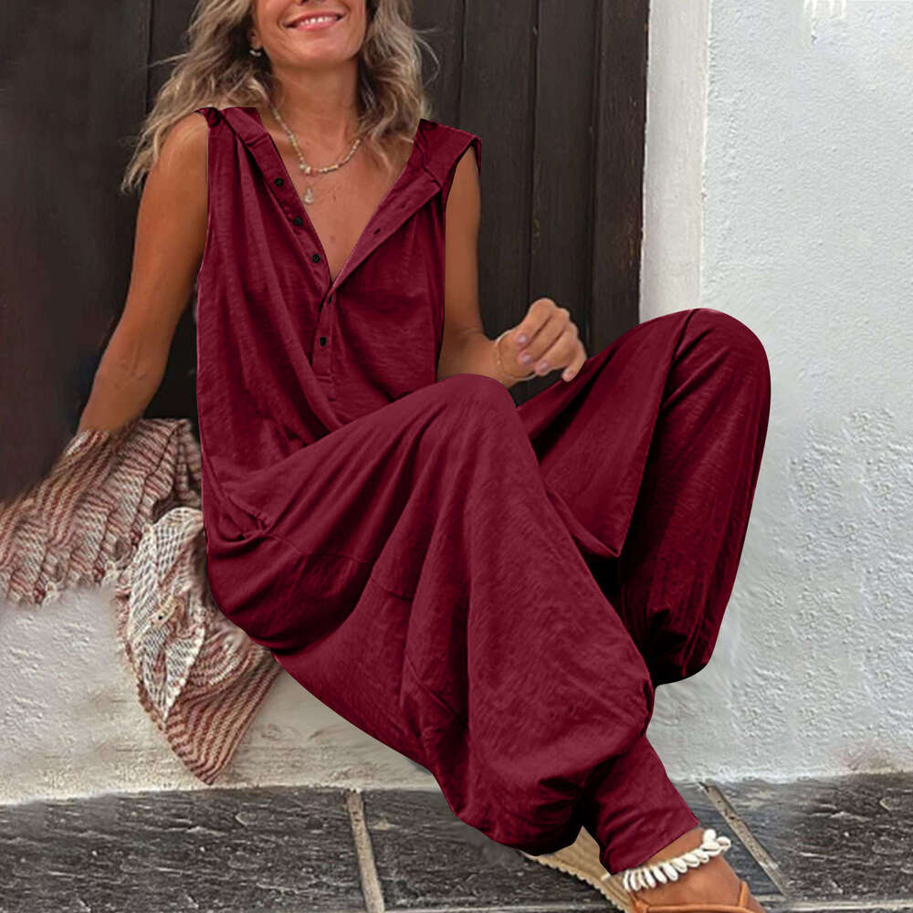 Wide Leg Jumpsuit Women S Buttoned Hooded Sleeveless Pants Jumpsuit