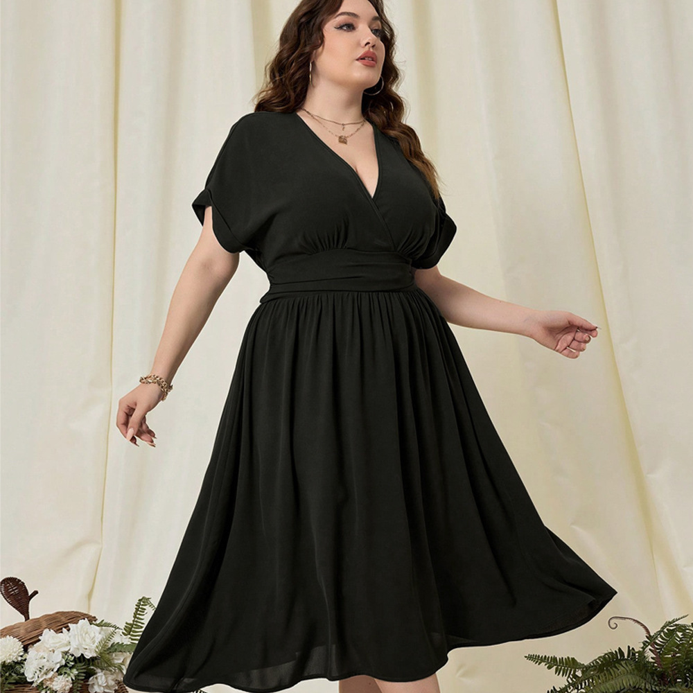 Oversized Womens V-neck Slim Fit Short Sleeved Dress with Vacation Style High Waist A-line Beach Skirt for Women