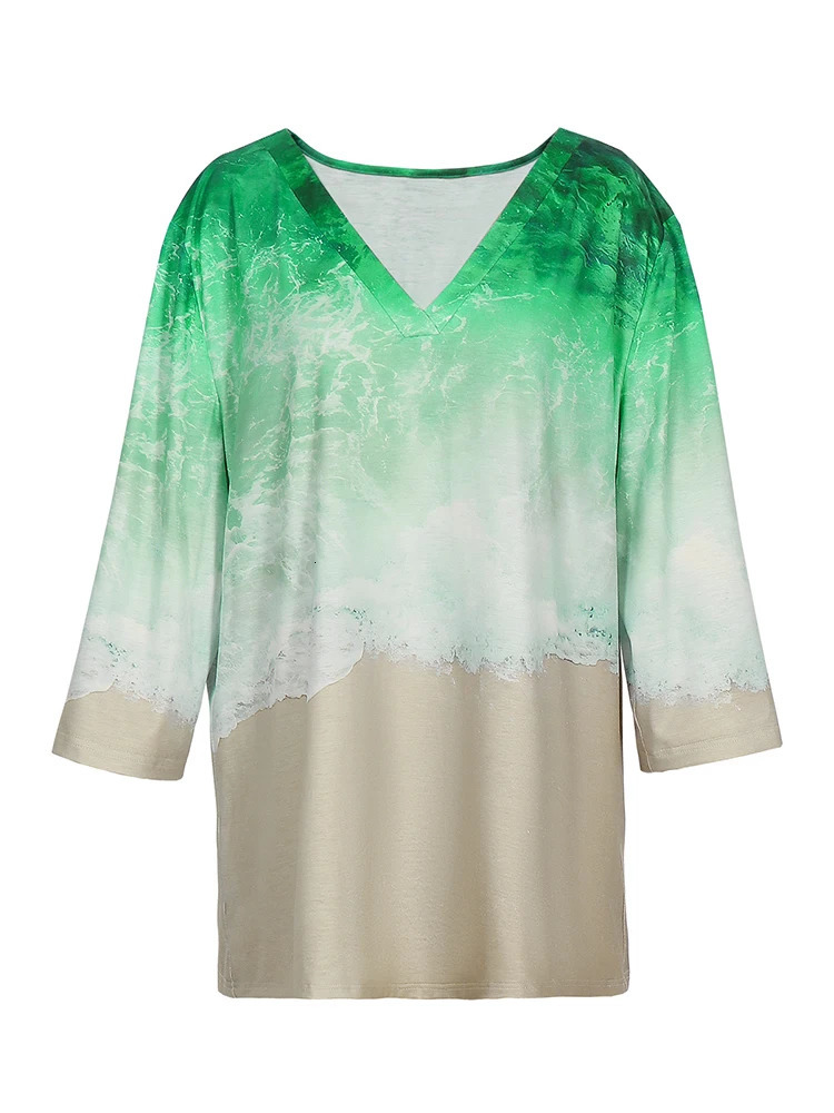Plus Size 5XL 2025 Summer Casual Tee Shirt Womens V Neck Tops Loose Short Sleeve Wave Print Pullover Fashion Tshirt 250514