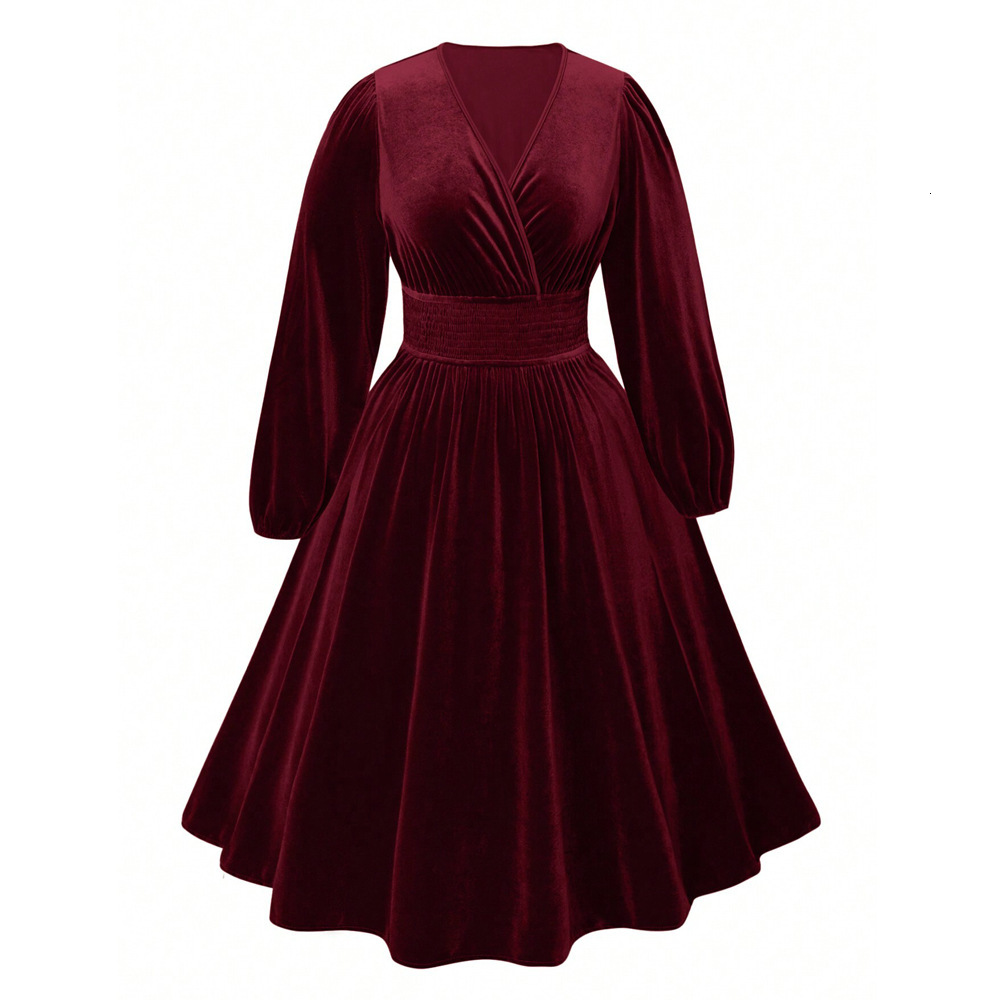 Large Size Womens Wine Red Velvet Dress for Autumn and Winter with a Waist Cinched to Show Off Weight Medium Length Skirt
