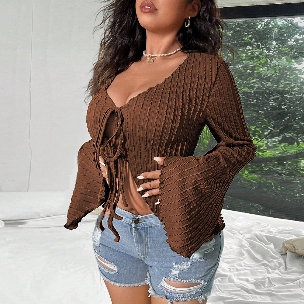 Large Size Womens Sexy Sweet and Spicy V-neck T-shirt Autumn and Winter New Item Trumpet Sleeve Slim Fit Lace Up Cardigan Top