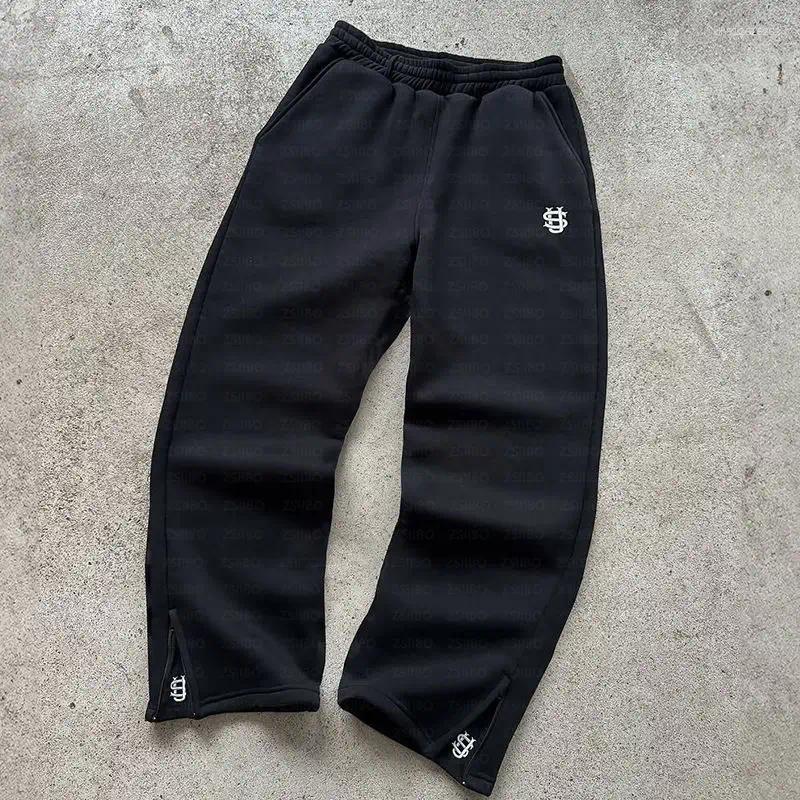 Men's Pants Y2K Fashion Jogger Sweatpants Loose Embroidery Labeled Open Leg Wide Trendy Pocket Couple Straight Hoodie
