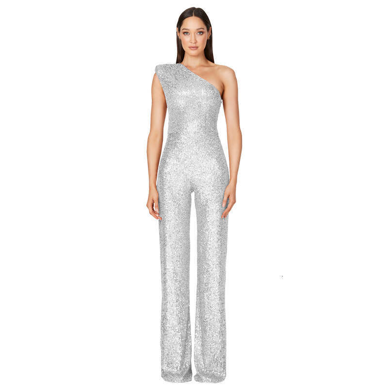 Wide Leg Jumpsuit INS Women S Sleeveless Summer Single Shoulder Sequined Jumpsuit For Women