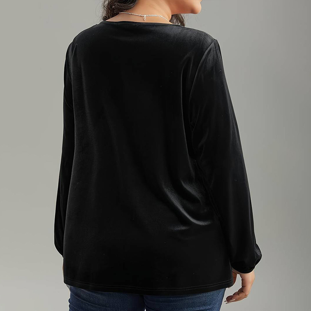 Large Size Womens Elegant Velvet T-shirt Autumn and Winter Square Neck Long Sleeved Fashionable Loose Solid Color Top