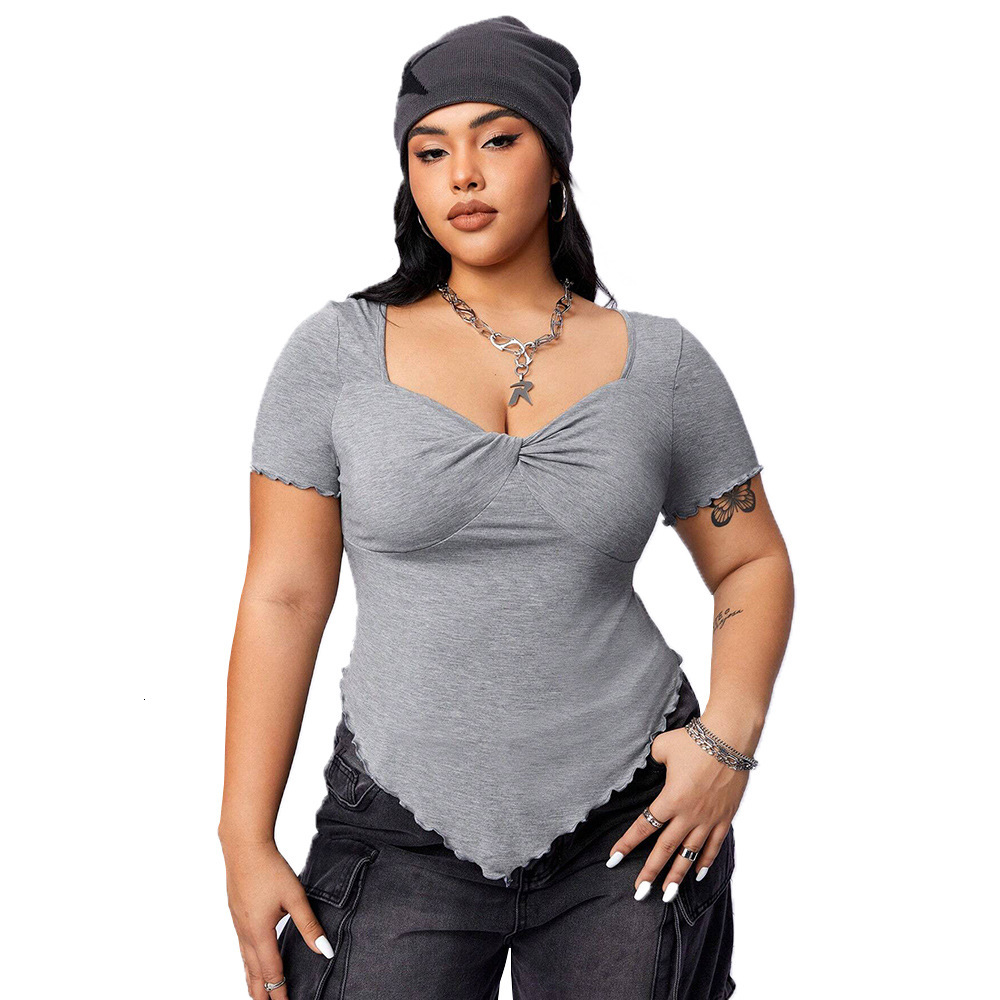 Large Size Womens Square Neck Slim Fit and Slimming Irregular Knitted Short Sleeved T-shirt Top