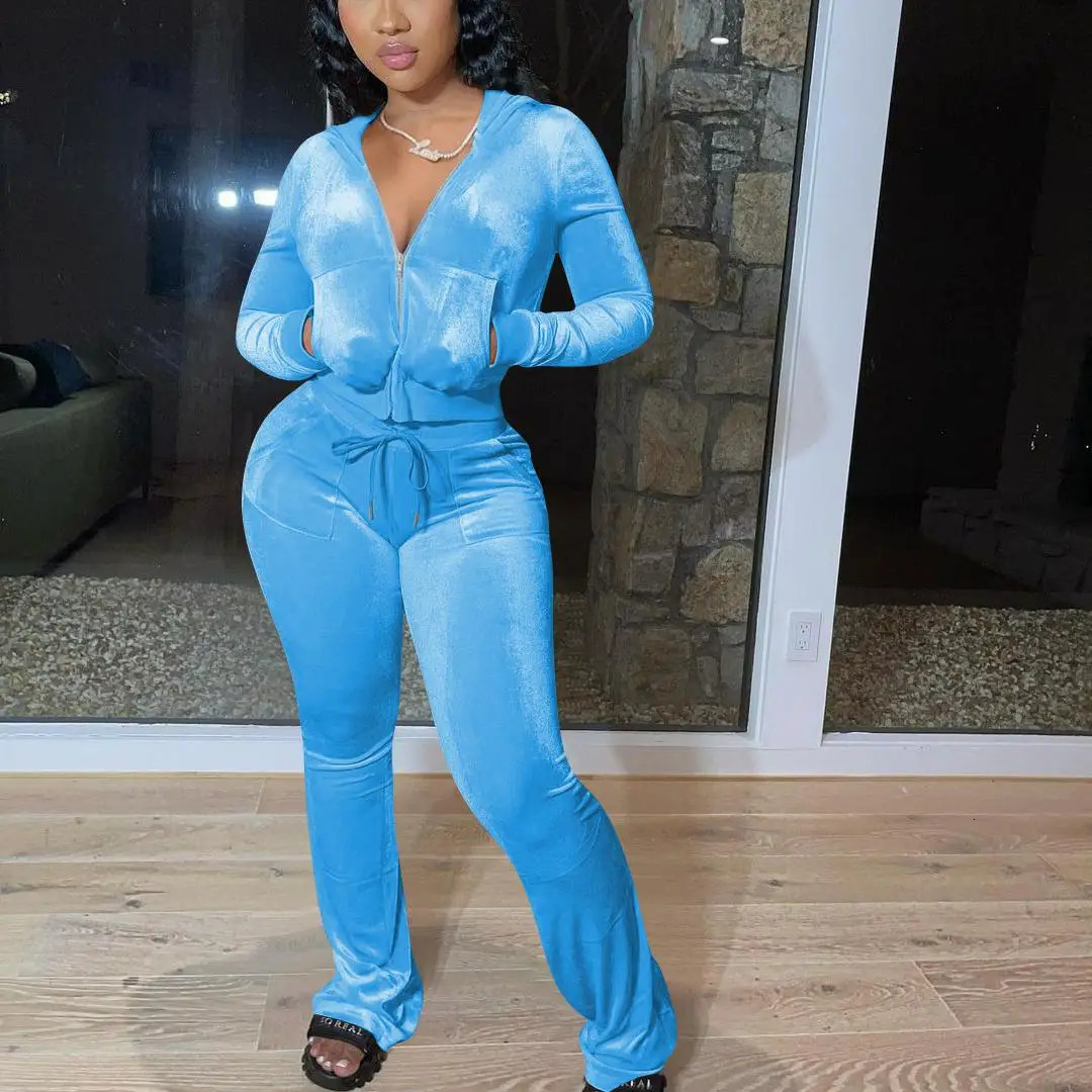 Women Solid Velvet Sports Outfits Autumn Casual Long Sleeve Hooded SweatshirtDrawstring Trousers Plus Size Female Running Sets 250515