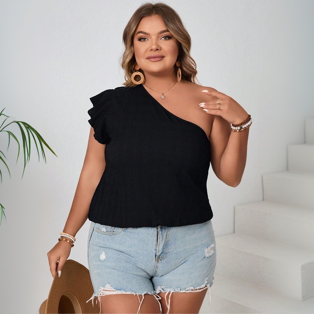 2025 Plus Size Womens Sexy Slanted Neck Off Shoulder T-shirt Slim Fit and Slimming Design Top