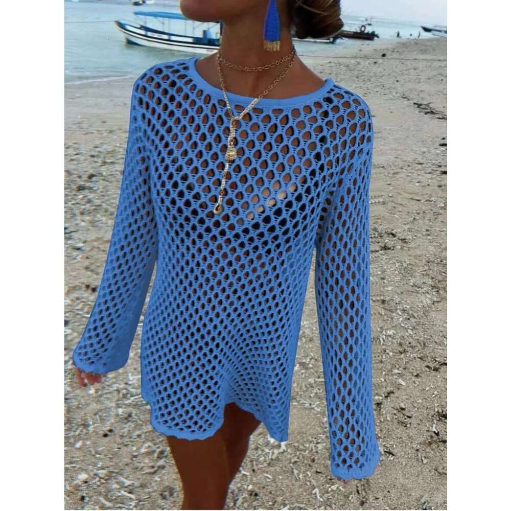 DRC Female Sheer Loose Beach Holiday Mini Dresses Sexy Hollow Out Knit Dress Women Summer Splice Knitwear Cover Up
