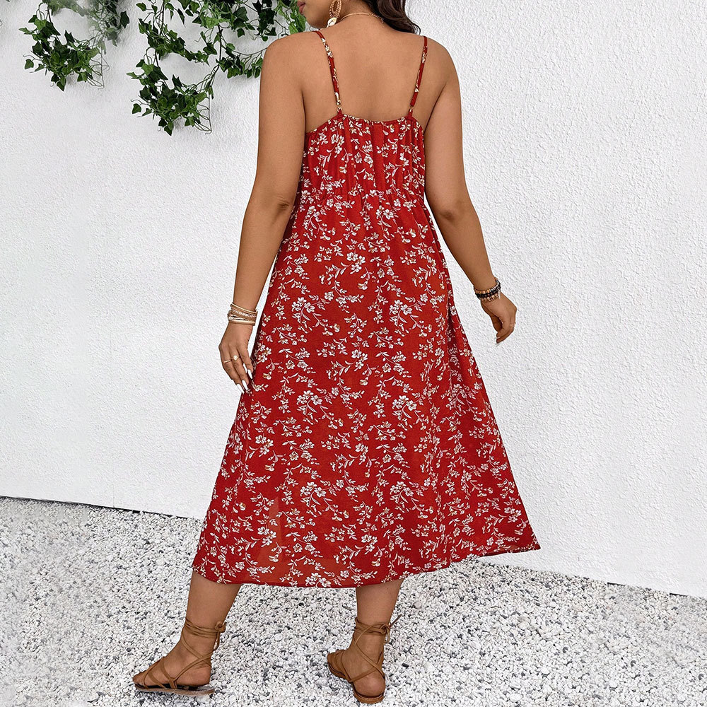 Large Size Womens French Vacation Style Floral Dress Summer Waist Cinching Slimming Camisole Long Dress
