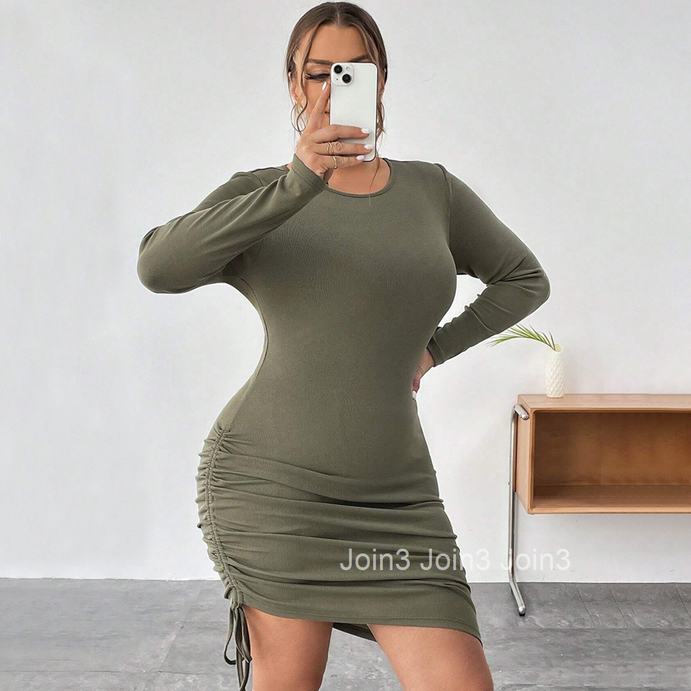 Fashionable Slim Fit Round Neck Long Sleeved Standard Size Solid Color Drawstring Side Pleated Slim Fit Irregular Dress