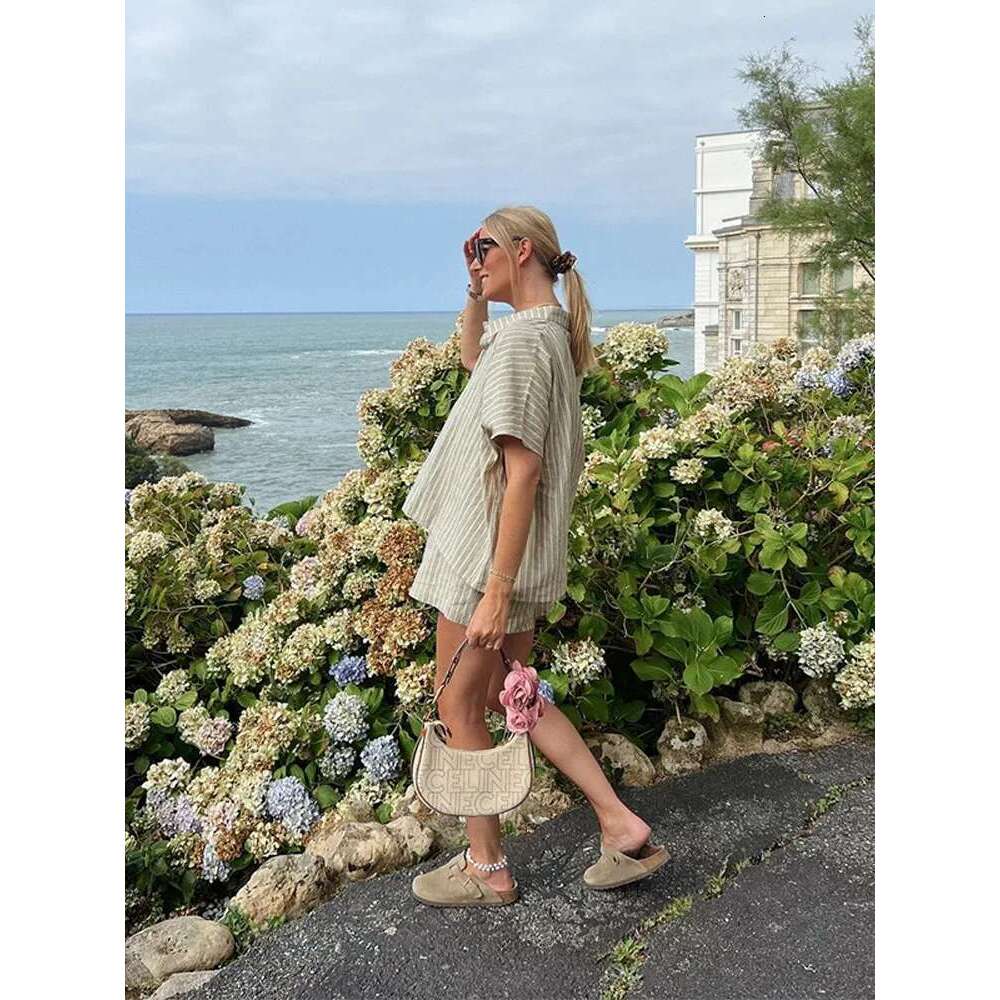 Casual Striped Lace Up Women Suits Lapel Half Sleeve Single Breasted Shirt Wide Leg Shorts Summer New Chic Lady Sets