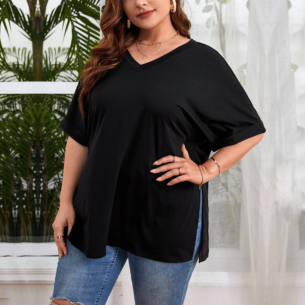 Large Size Womens New Sexy V-neck Loose Casual Slit Solid Color Short Sleeved T-shirt Top