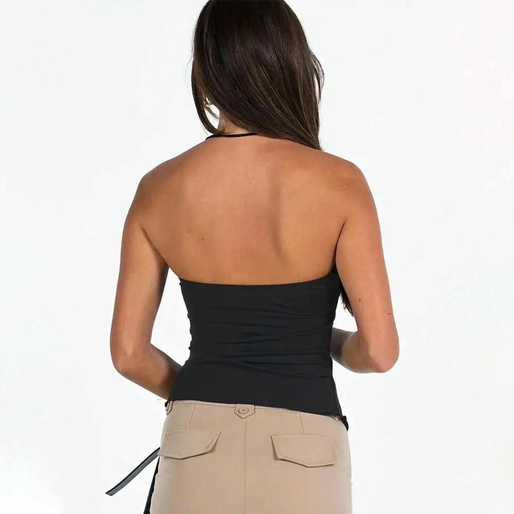 Y2k New Design Tie Up Womens Strapless Hot Girl Short Sleeved T-shirt Sexy Pure Desire Top 2024