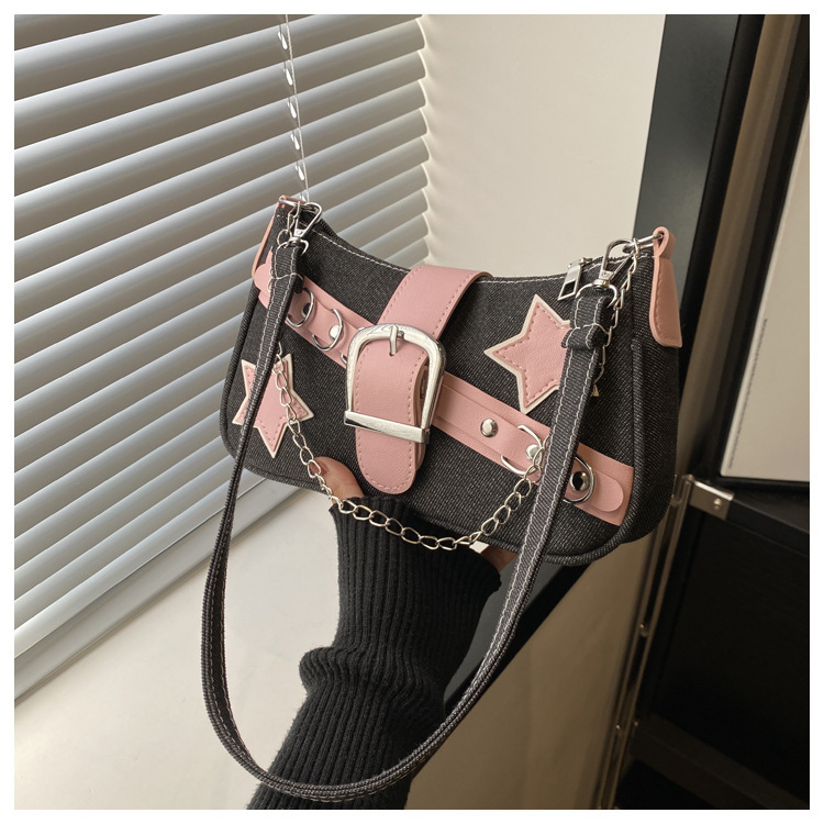 Free Delivery Designer S Bag Korean Edition Underarm For Women In Spring Stylish Contrasting Color Single Shoulder Casual And Personalized Chain Denim