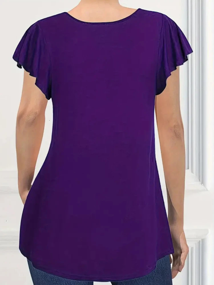 Elegant Womens Plus Size T Shirt Short Sleeve Pleated Purple Petal Slim Casual Solid Vintage Round Neck Summer Tee Tops 250514