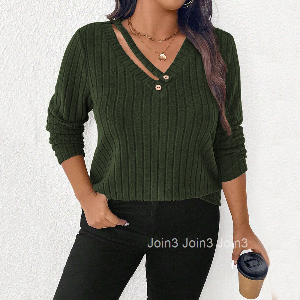 Large Size Womens Versatile Commuting T-shirt Autumn and Winter Intellectual Style V-neck Loose Fit Inner Top