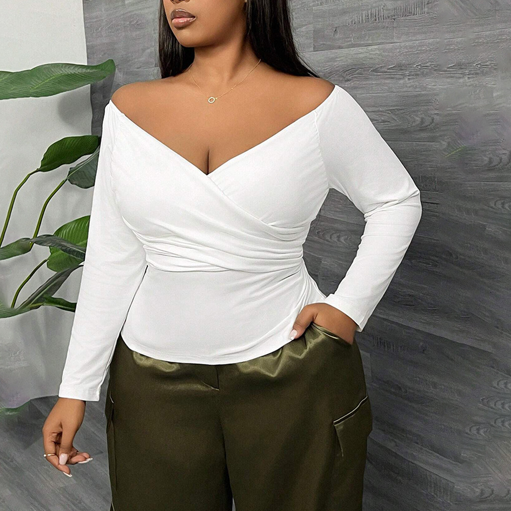 Large Size Womens Simple and Sexy T-shirt Autumn and Winter V-neck Slim Fit and Slimming Short Long Sleeved Top