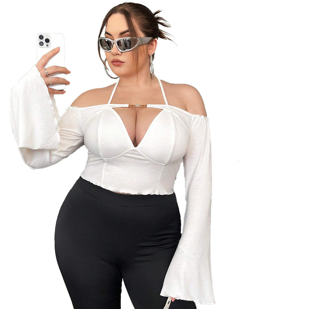 Large Size Womens Clothing Autumn and Winter New Item Slim Fit Sexy Off Shoulder One Collar Trumpet Long Sleeved Top