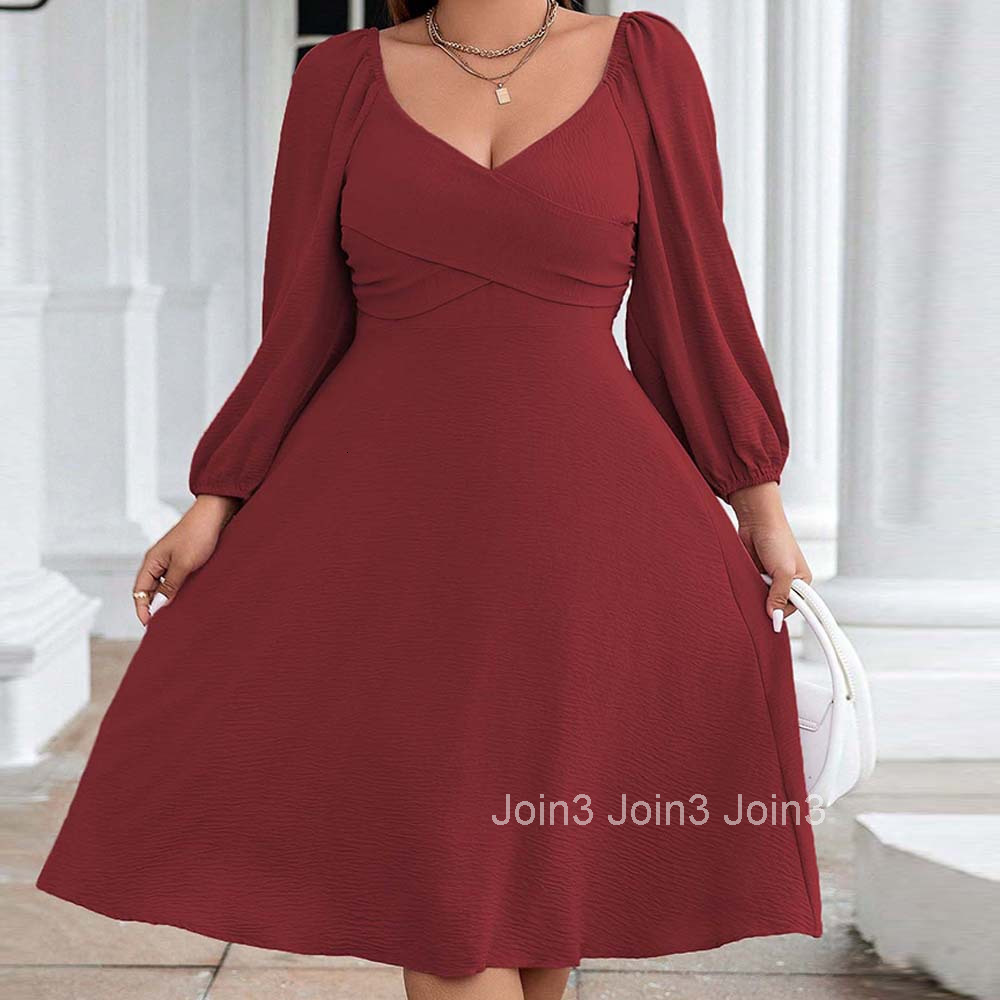 Plus Size Womens Clothing Elegant Style Red Dress Autumn and Winter V-neck Long Sleeved Mid Length Skirt