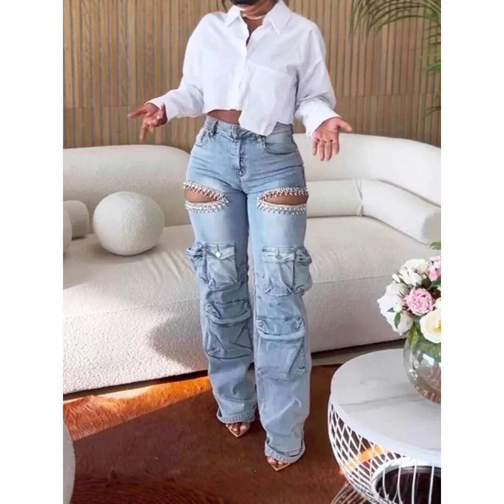 women's tassel dia cut mid waist straight leg jeans hollowed out style multi pocket elastic pants