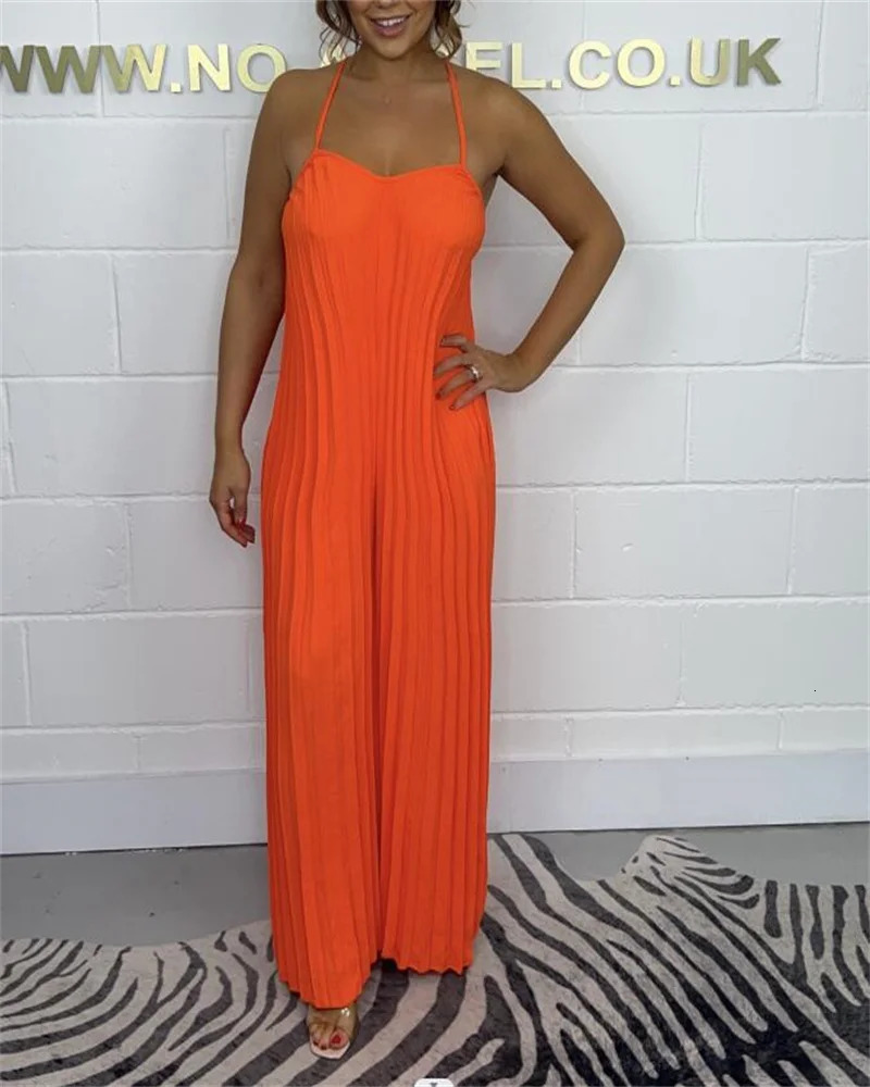 Plus-size womens jumpsuit full-body pressure pleated solid color sleeveless suspenders jumpsuit plus-size womens clothing 250515