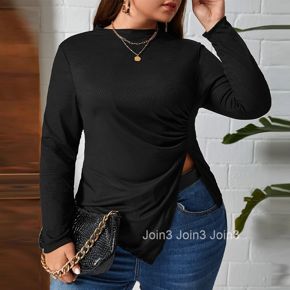 Autumn and Winter Plus Size Womens Round Neck Slim Fit Asymmetric Knitted Long Sleeved T-shirt Versatile Top