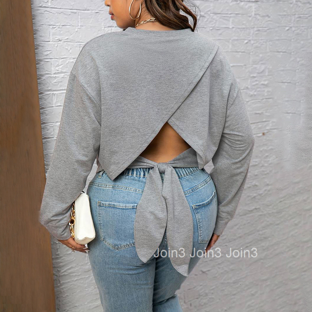 Plus Size Womens Casual Minimalist T-shirt for Autumn and Winter with a Careful Design and Backless Top