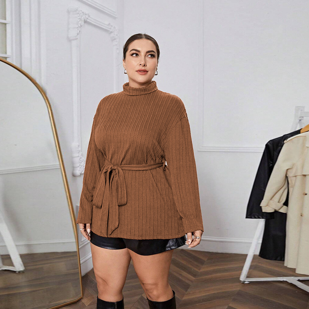 Plus Size Womens Elegant and Intellectual Style T-shirt Autumn and Winter High Neck Loose Slimming Long Sleeved Top for Ladies