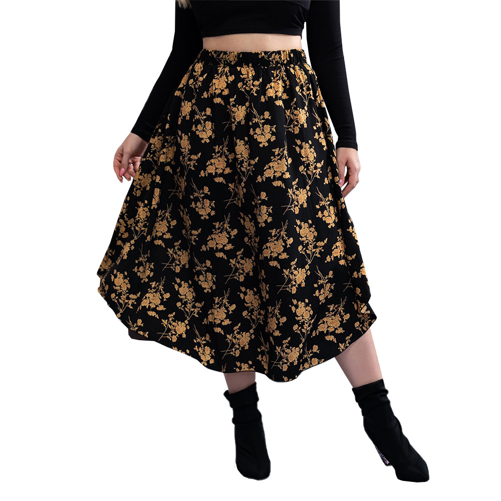 Large Size Womens Versatile Commuting Style Half Skirt with Autumn and Winter High Waist and Drooping Feeling Floral A-line Skirt