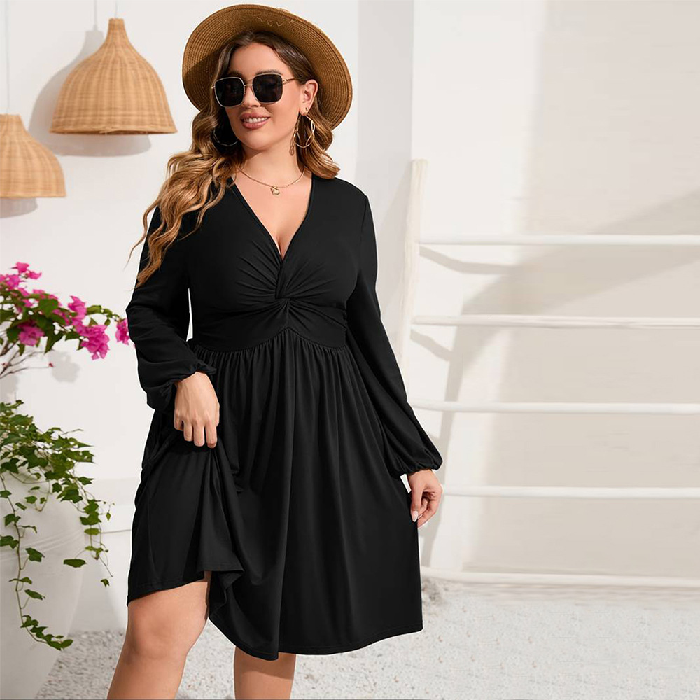 Autumn and Winter Plus Size Womens Clothing Elegant Style V-neck Dress Vacation Style Mid Skirt