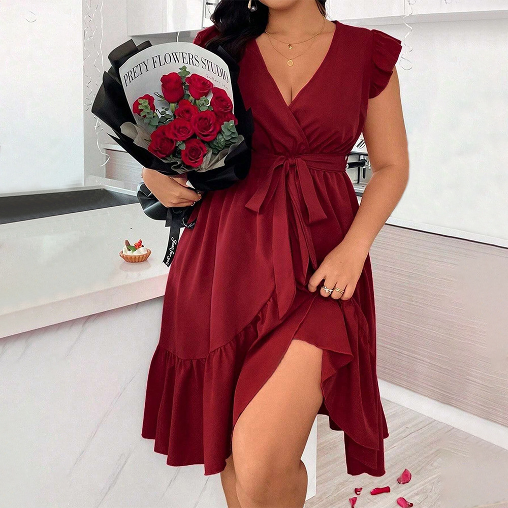 New Womens V-neck Solid Color Tied Waist Ruffle Edge Short Sleeve Dress