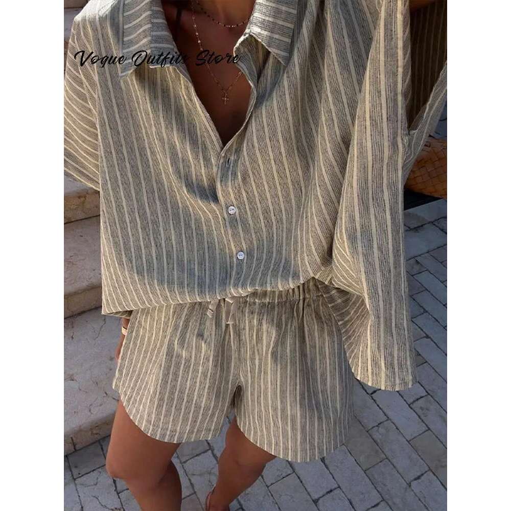 Casual Striped Lace Up Women Suits Lapel Half Sleeve Single Breasted Shirt Wide Leg Shorts Summer New Chic Lady Sets
