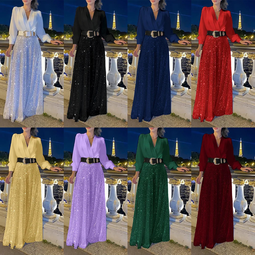 Plus-size fashionable V-neck long sleeve shirt temperament elegant sequins wide-legged onesie plus-size womens clothing 250515