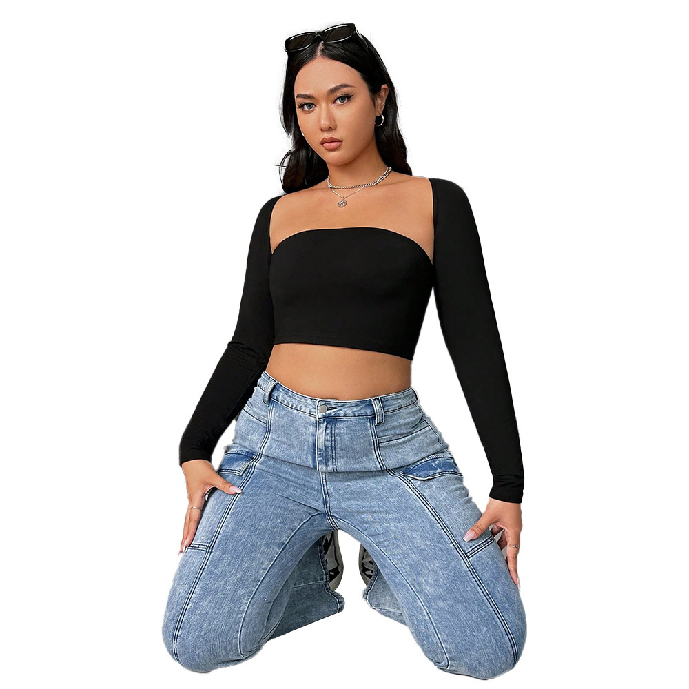 Ins Plus Size Womens Clothing Temperament Street Photography Versatile Slimming Long Sleeved Top Strapless T-shirt Base Shirt