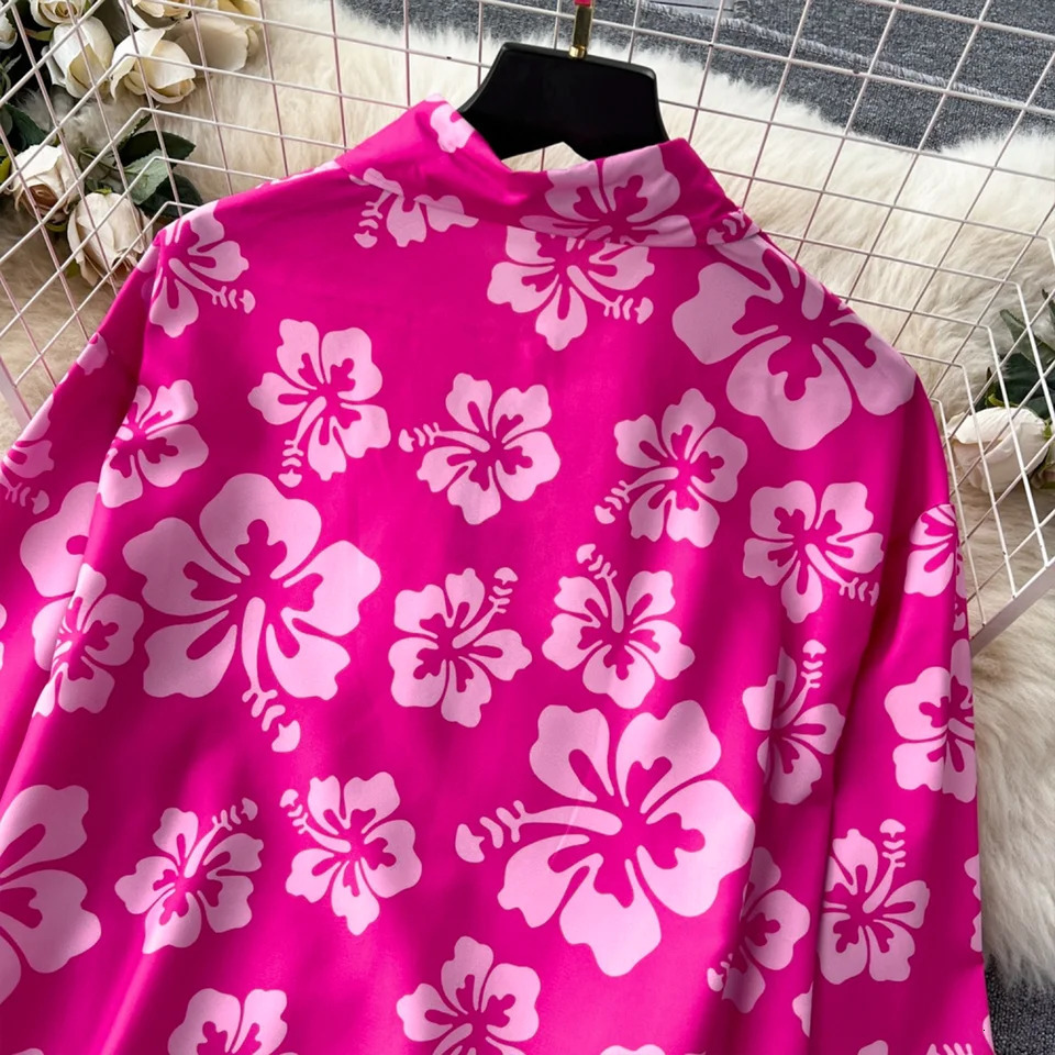 Plus size womens spring and summer fashion trend random flower print casual n elegant longsleeved shirt trousers set 250513Z