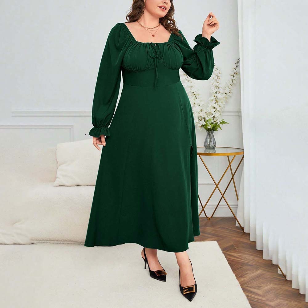 Large Size Womens French Elegant Style Dress for Autumn and Winter High Waisted Split Square Neck Mid Length Skirt