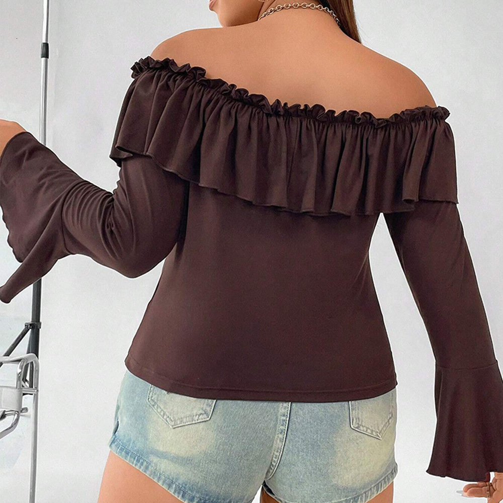 Large Womens Clothing Autumn and Winter New Item Ruffled Flared Sleeves Slim Fit Temperament One Collar Top