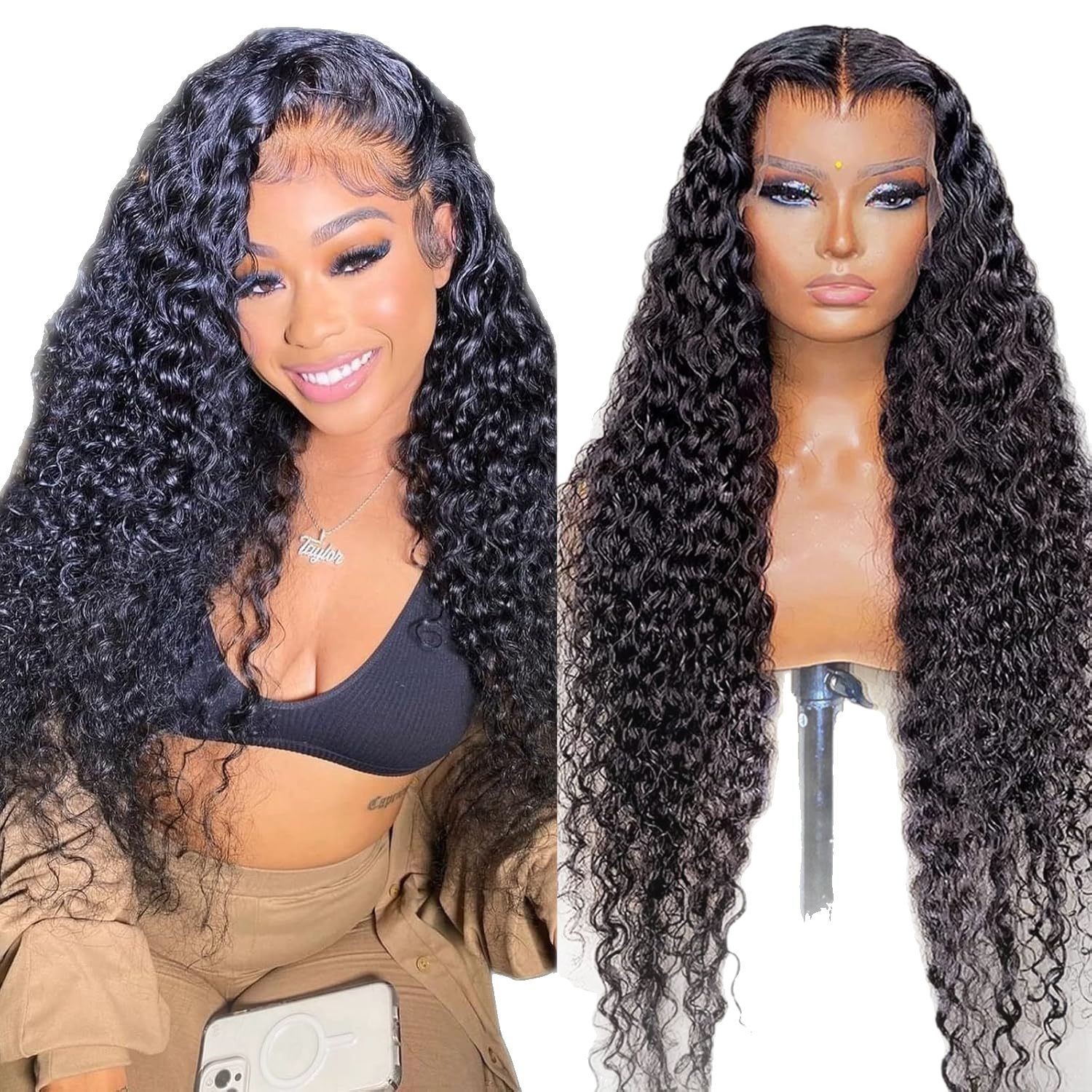 ViBESHiFT 8-28 Inch Human Hair Wigs 13x6 Front Lace Water Wave Wig Real Human Hair Toupee Wholesale 12A Brazilian Virgin Hair 200% Density for Women D