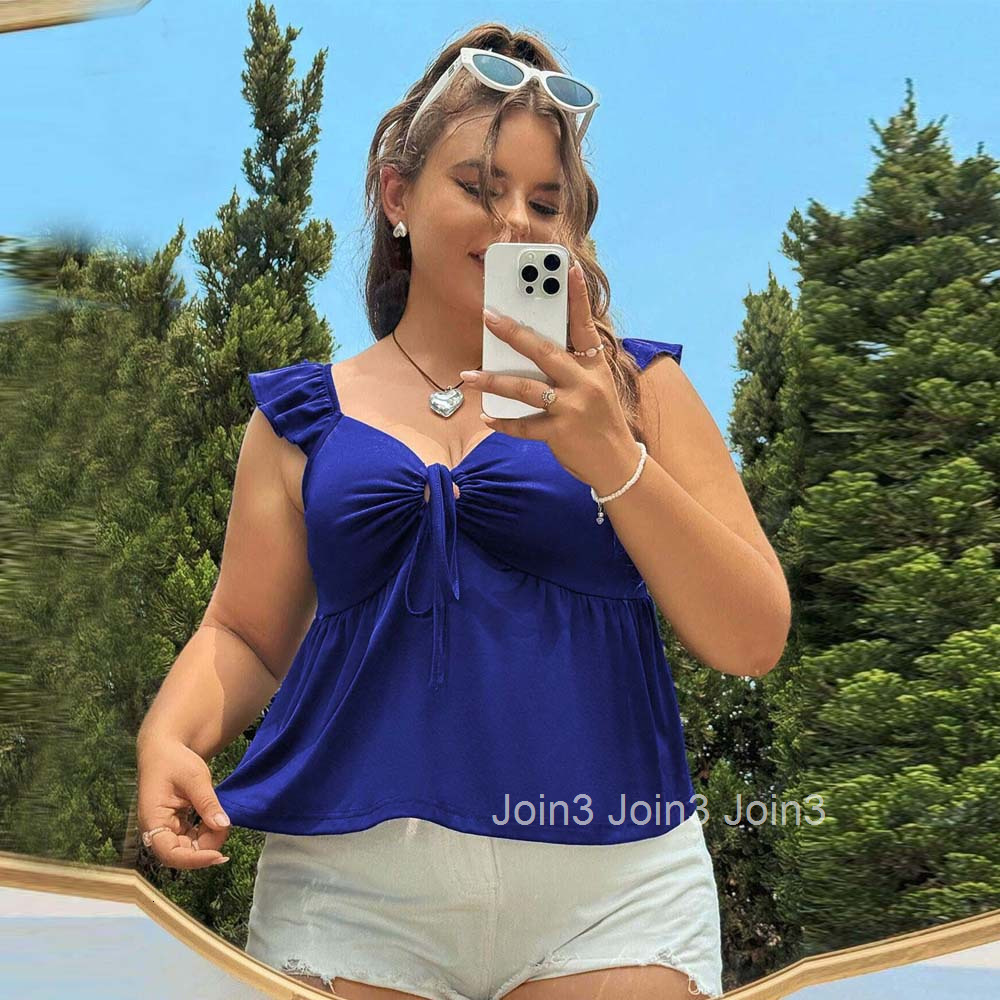 Plus Size Womens V-neck Sleeveless T-shirt Summer New Slim Fit Short Style Solid Color Design Top