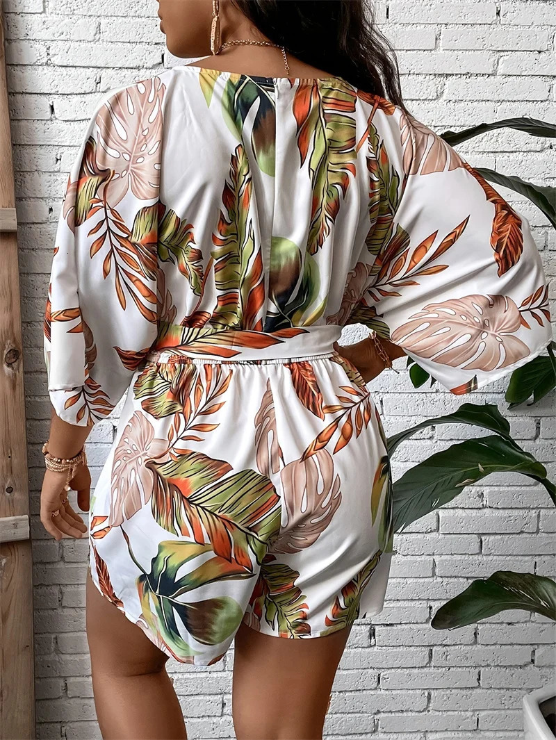GIBSIE Plus Size Tropical Print Belted Jumpsuit Romper Women Summer V-Neck 34 Sleeve Beach Vacation Playsuit Womens Rompers 250515