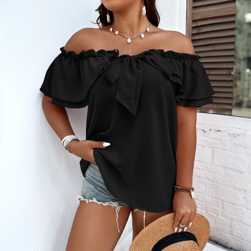Large Womens Versatile Commuting T-shirt for Spring/summer 2025 New One Word Collar Bow Top